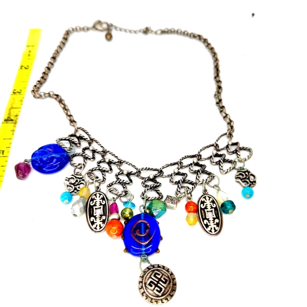 Chico's Asian Inspired Art Bib Collar Necklace Antique Silver Dangled Charms 20"
